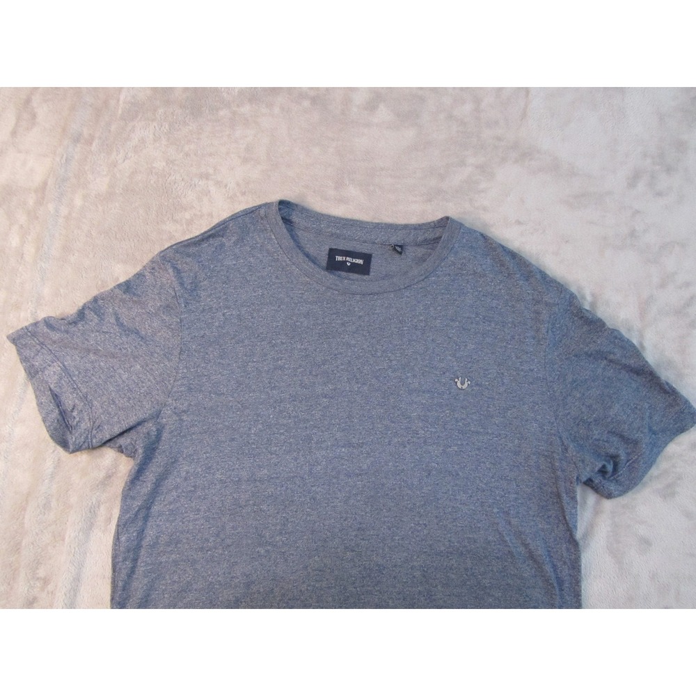 True Religion Mens Blue Heather Short Sleeve Horseshoe Logo Crew Neck T-Shirt L